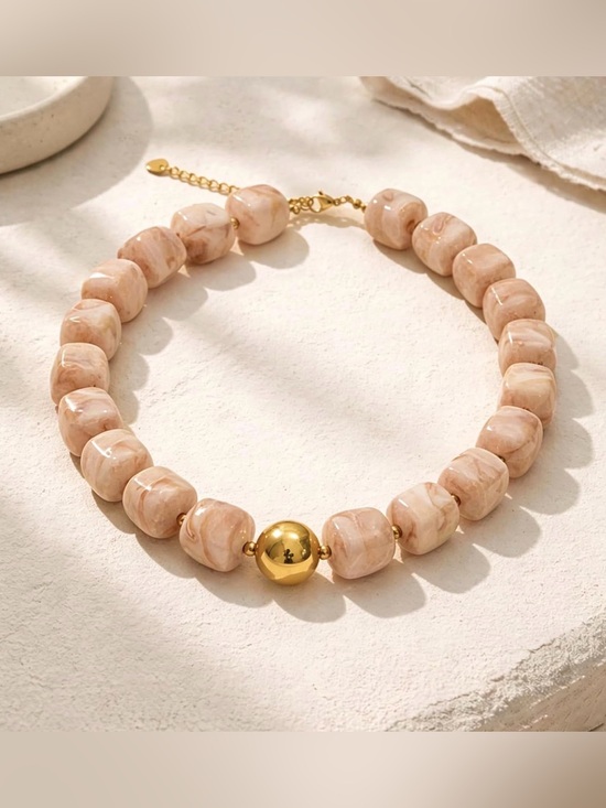 Anthropologie Jewelry - Neutral Marbled Beige Statement Bead Necklace with Gold Accents